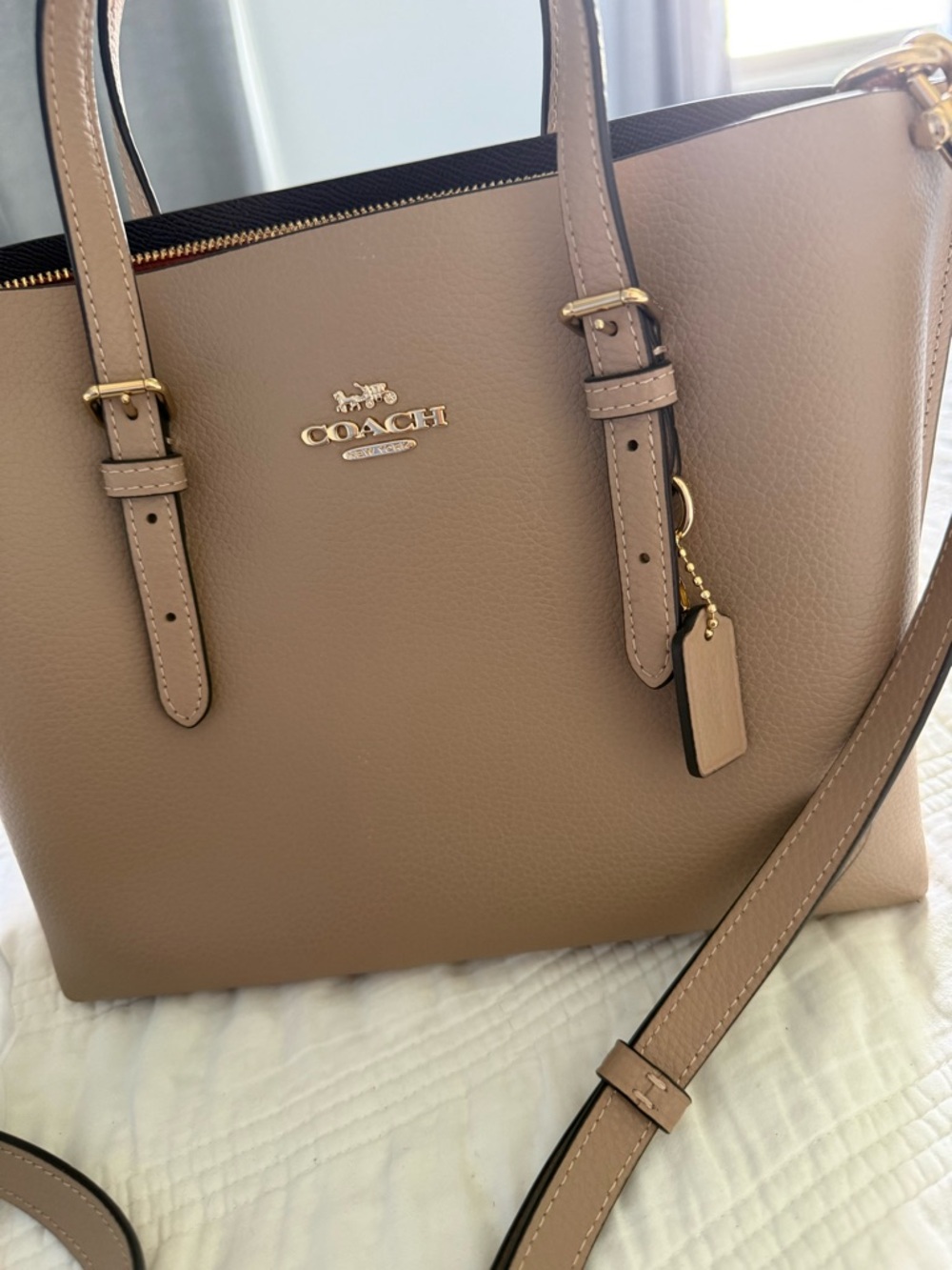 Coach Pebbled Leather Tote in Taupe Beige with Gold Hardware